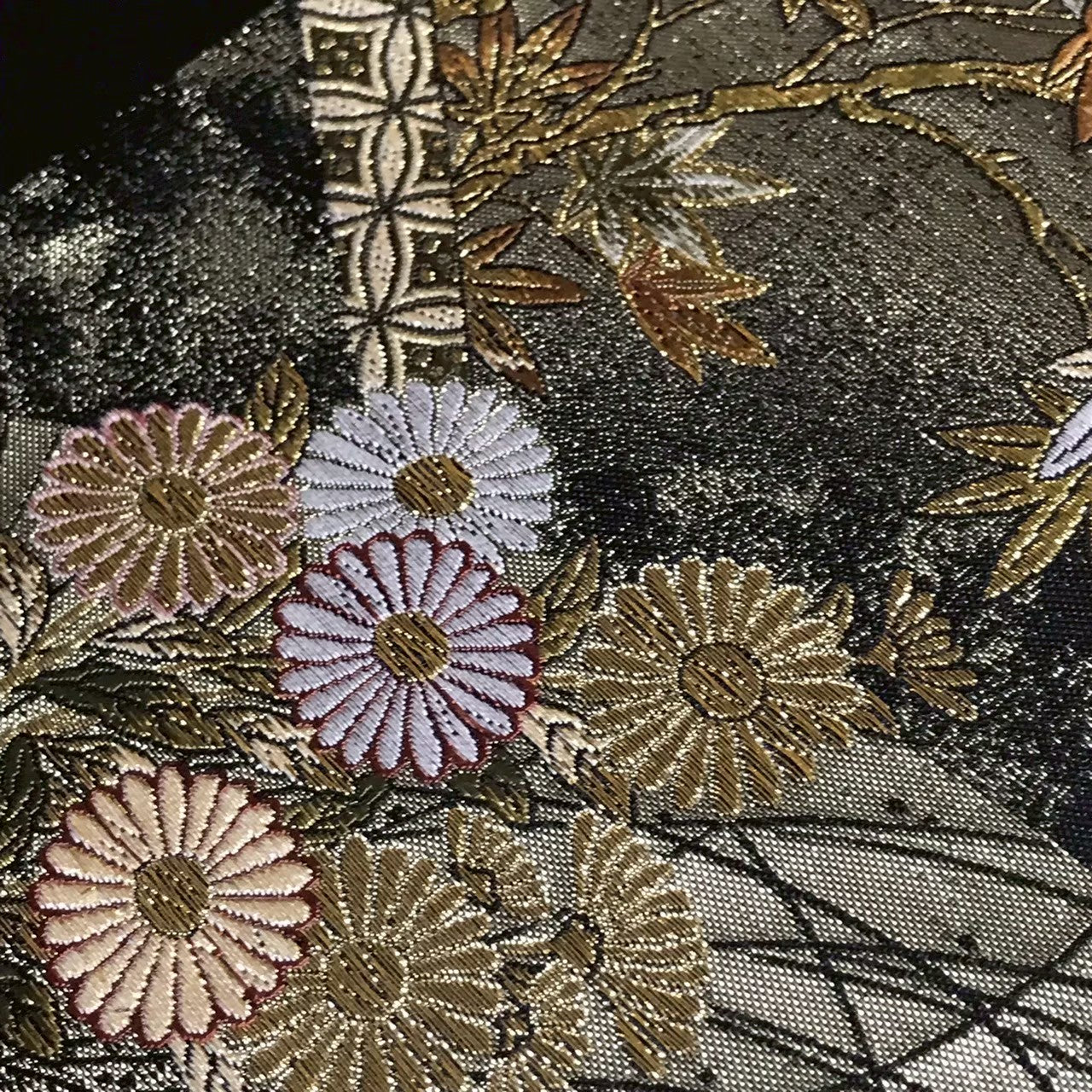 8159# Japanese Vintage Fukuro Obi Belt Kimono Fabric Silk Traditional Black