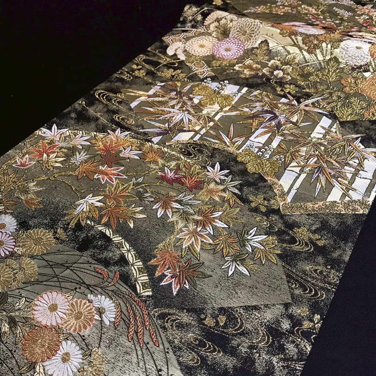 8159# Japanese Vintage Fukuro Obi Belt Kimono Fabric Silk Traditional Black