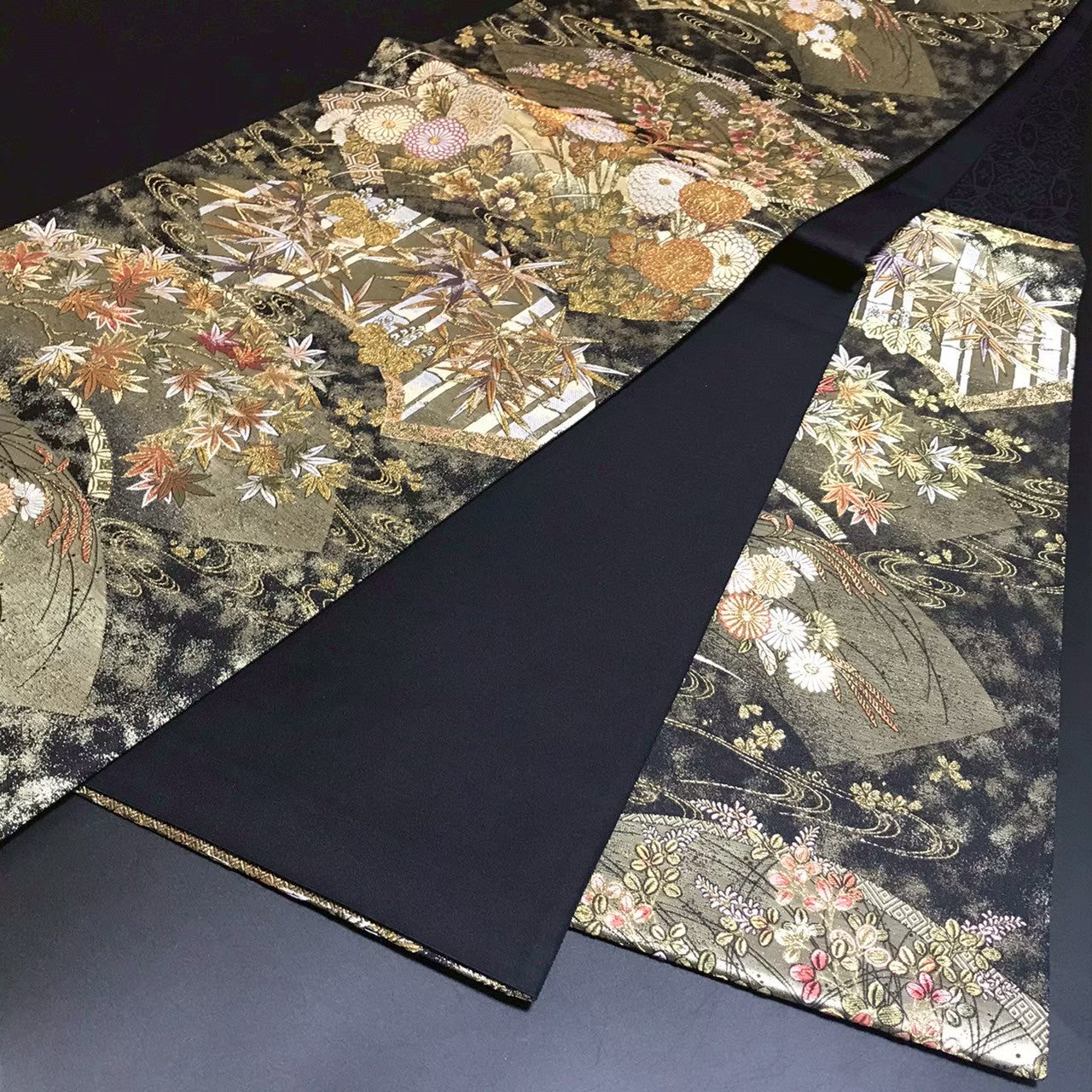 8159# Japanese Vintage Fukuro Obi Belt Kimono Fabric Silk Traditional Black