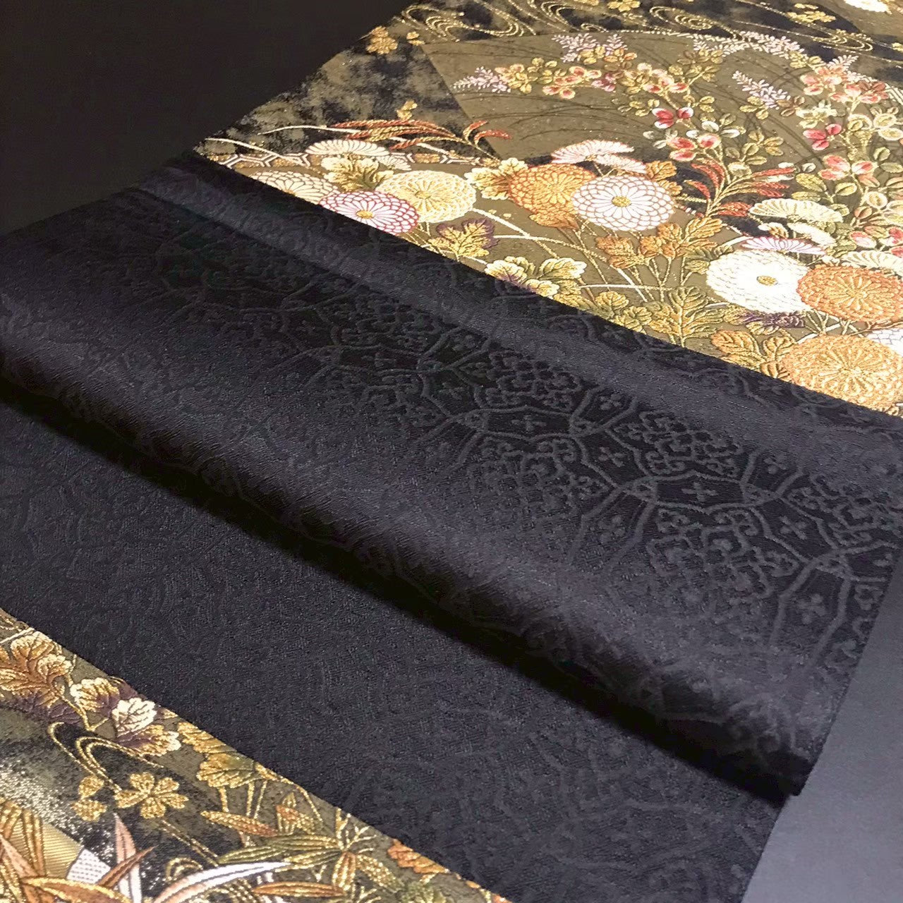 8159# Japanese Vintage Fukuro Obi Belt Kimono Fabric Silk Traditional Black