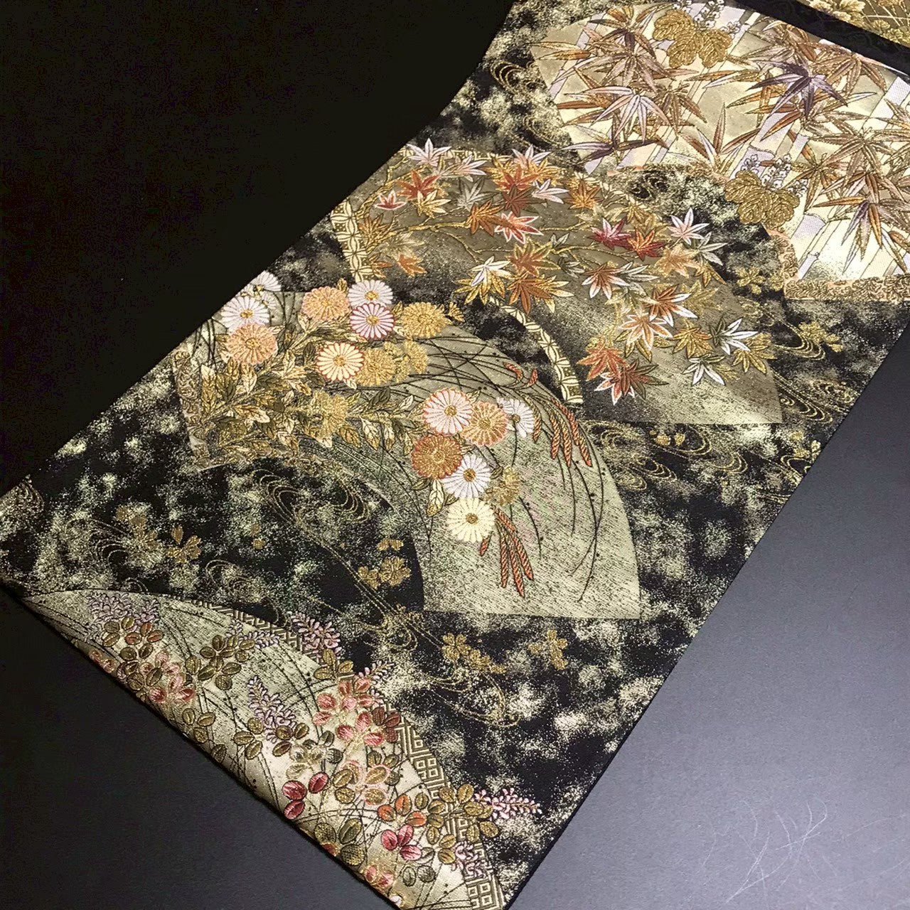 8159# Japanese Vintage Fukuro Obi Belt Kimono Fabric Silk Traditional Black