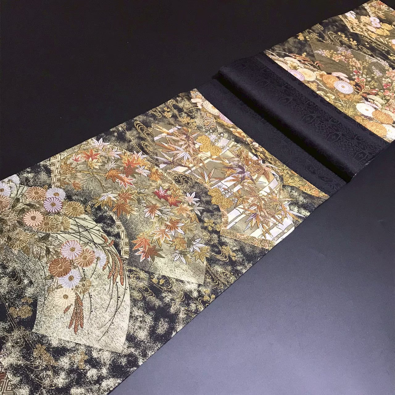 8159# Japanese Vintage Fukuro Obi Belt Kimono Fabric Silk Traditional Black