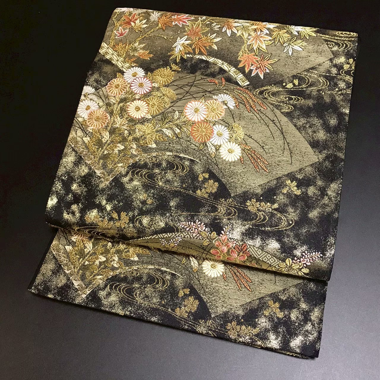 8159# Japanese Vintage Fukuro Obi Belt Kimono Fabric Silk Traditional Black