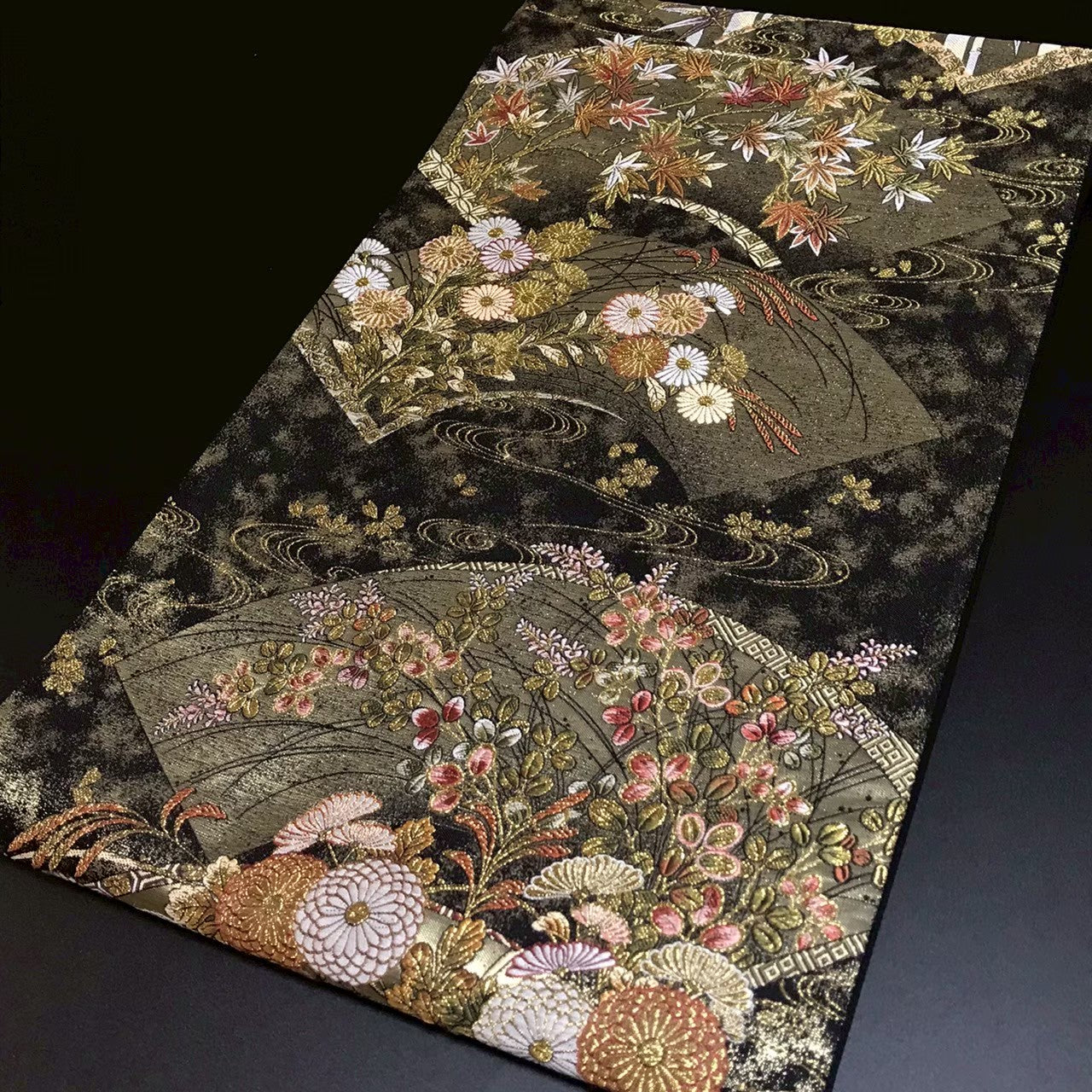 8159# Japanese Vintage Fukuro Obi Belt Kimono Fabric Silk Traditional Black