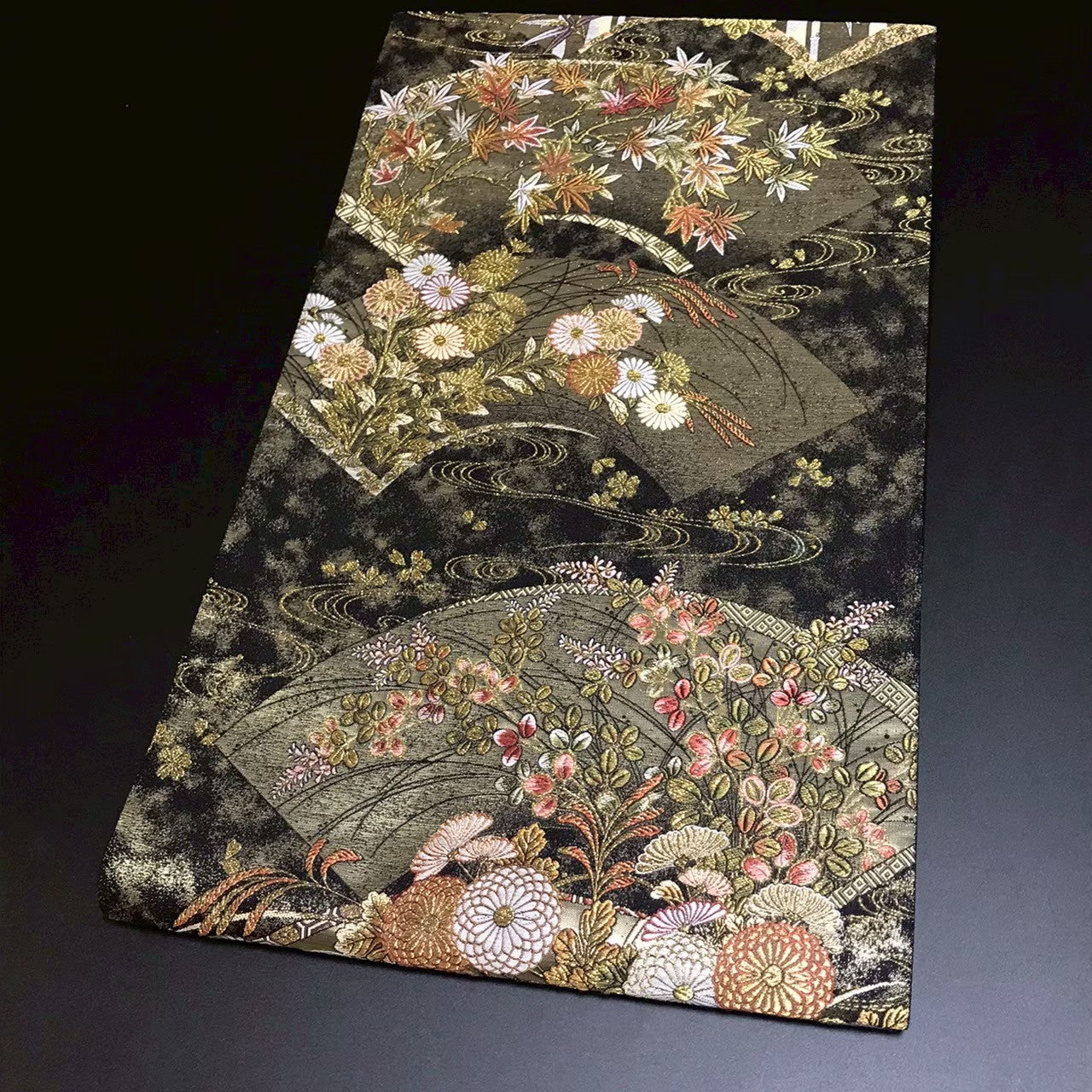 8159# Japanese Vintage Fukuro Obi Belt Kimono Fabric Silk Traditional Black