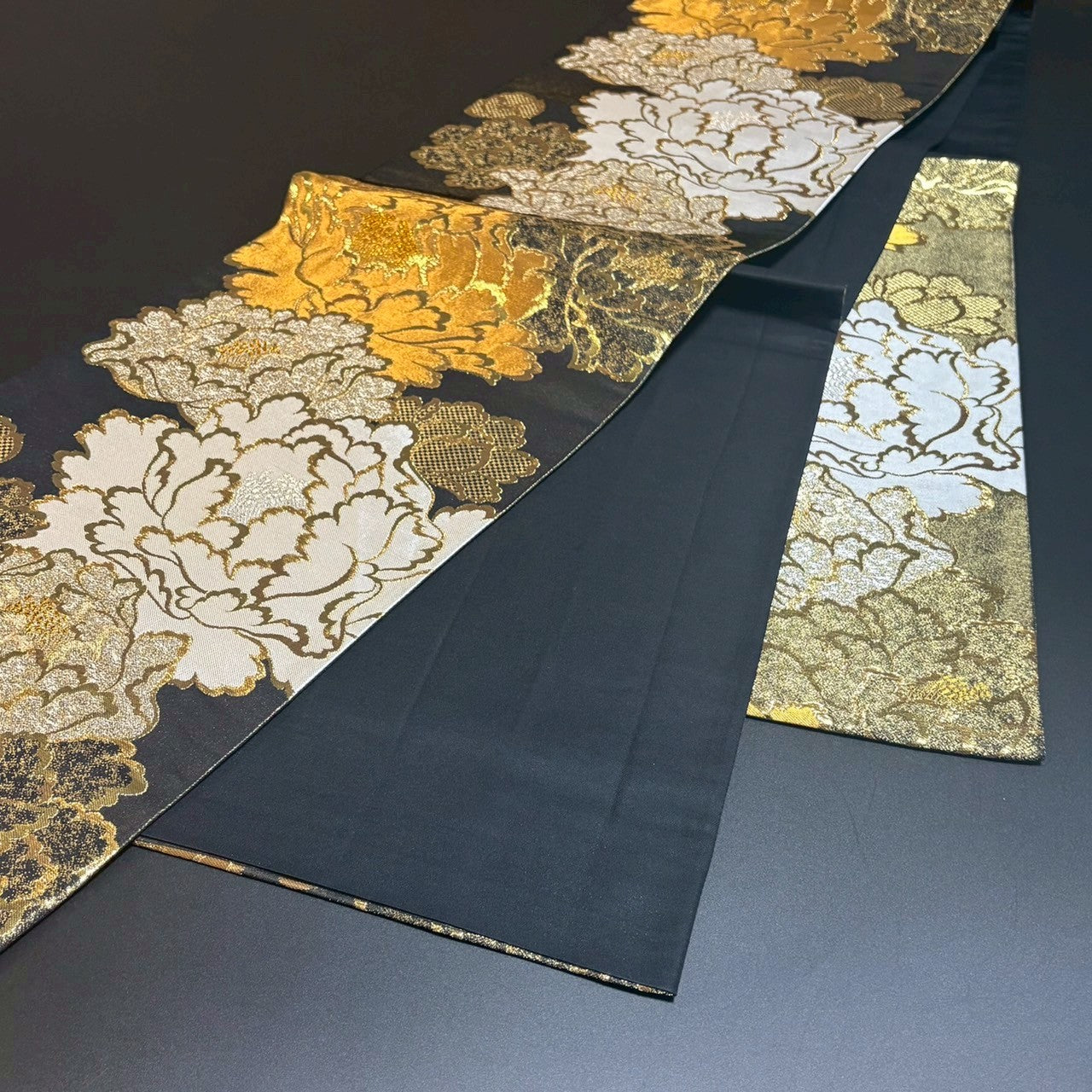 9159# Japanese Vintage Fukuro Obi Belt Kimono Fabric Silk Traditional Black