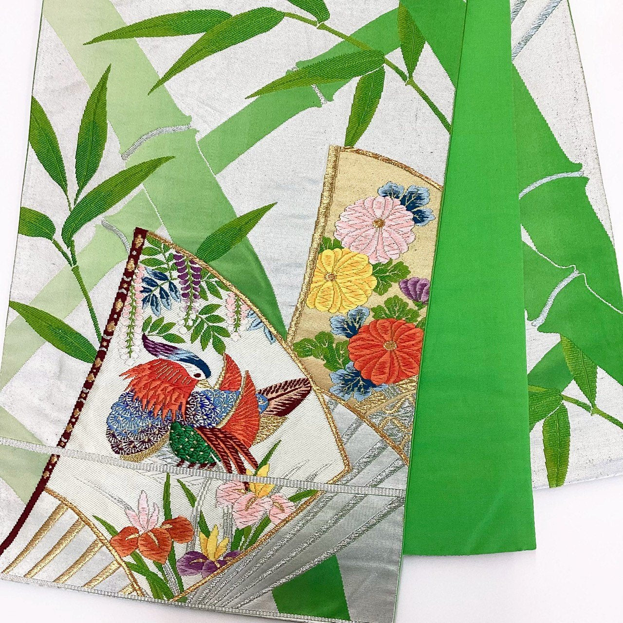 ［8821］袋帯 笹竹扇鴛鴦花文様 刺繍 六通 正絹 着物 フォーマル