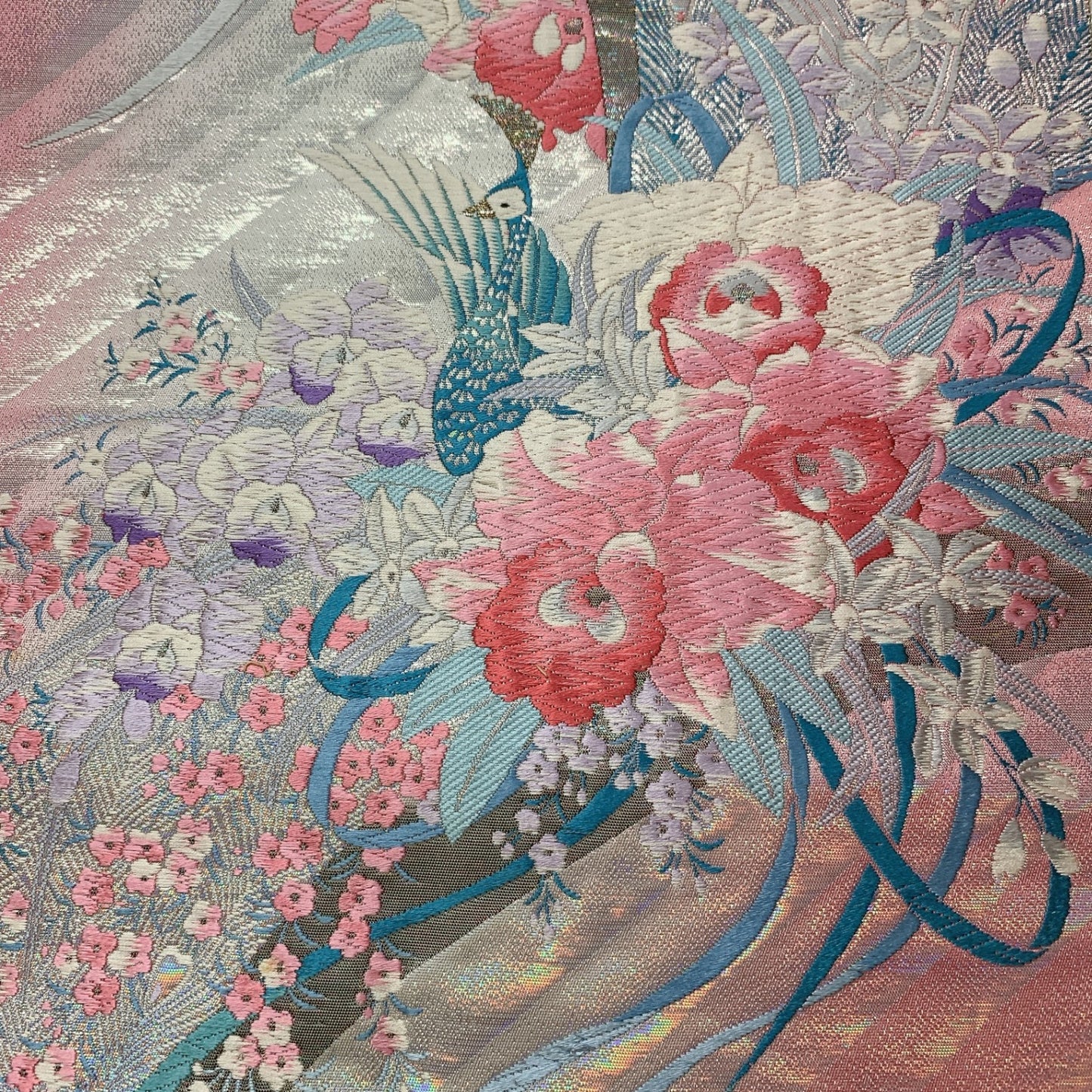 ［8966］袋帯 孔雀草花文様 刺繍 六通 正絹 着物 フォーマル