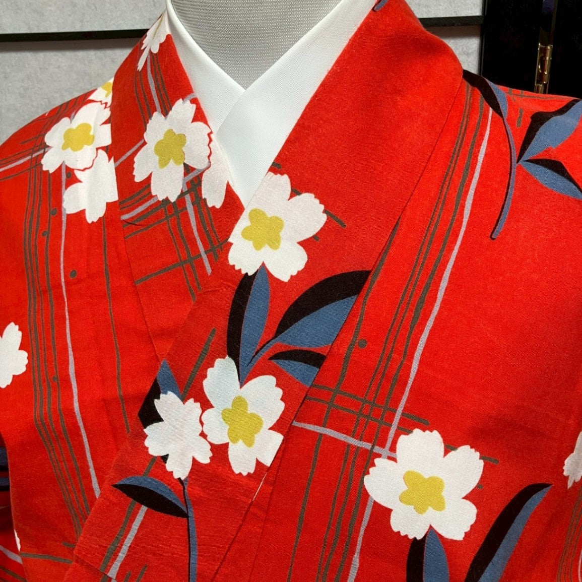 ［9446］浴衣 格子草花文様 ゆかた レディース リメイク 綿