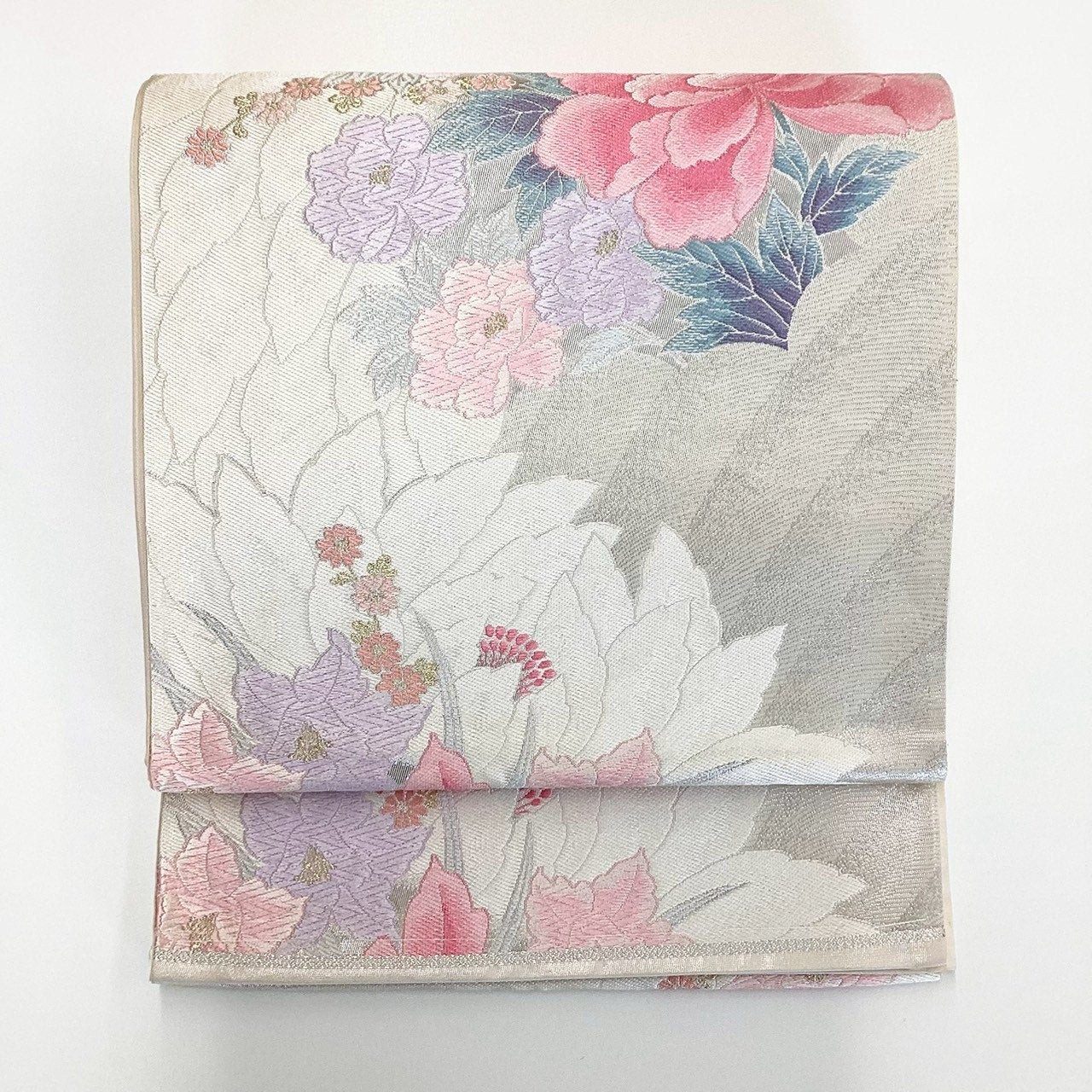 ［8877］袋帯 草花文様 刺繍 銀糸 六通 正絹 着物 フォーマル