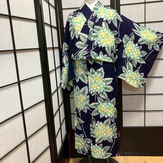 9445# Japanese Yukata Womens Vintage Fabric Cotton Robe Kimono Traditional