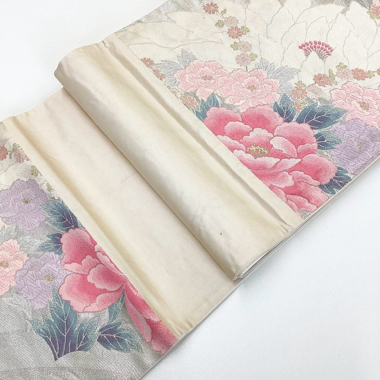 ［8877］袋帯 草花文様 刺繍 銀糸 六通 正絹 着物 フォーマル