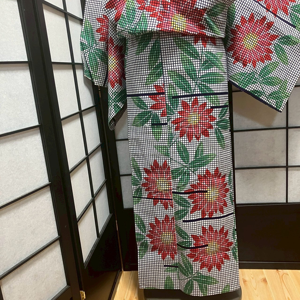 ［9150］浴衣 美品 草花格子文様 ゆかた レディース 綿 リメイク