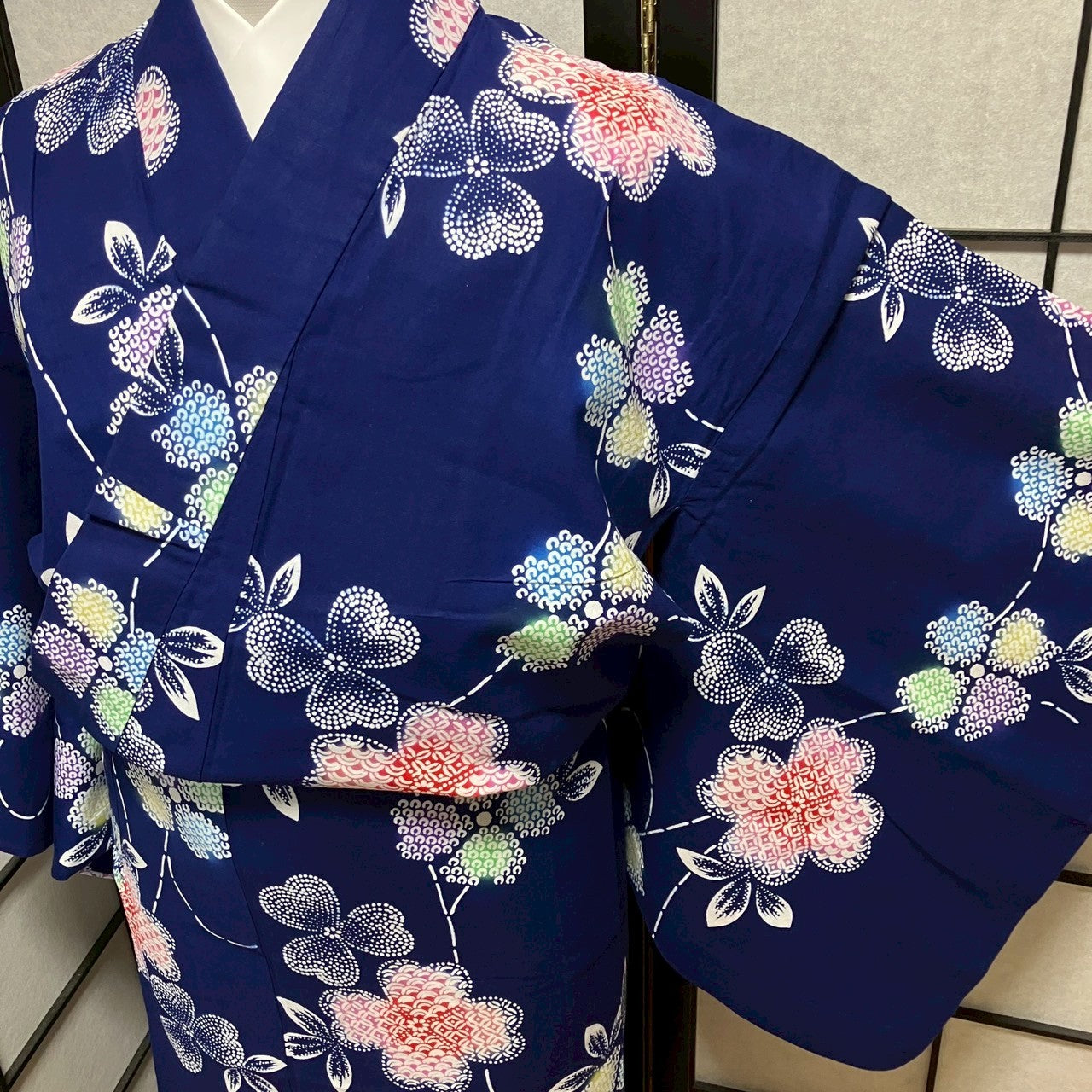 ［8788］浴衣 美品 草花吉祥文様 青海波 ぼかし 綿 ゆかた レディース リメイク