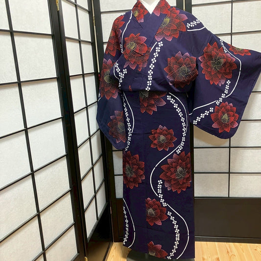 9448# Japanese Yukata Womens Vintage Fabric Cotton Robe Kimono Traditional