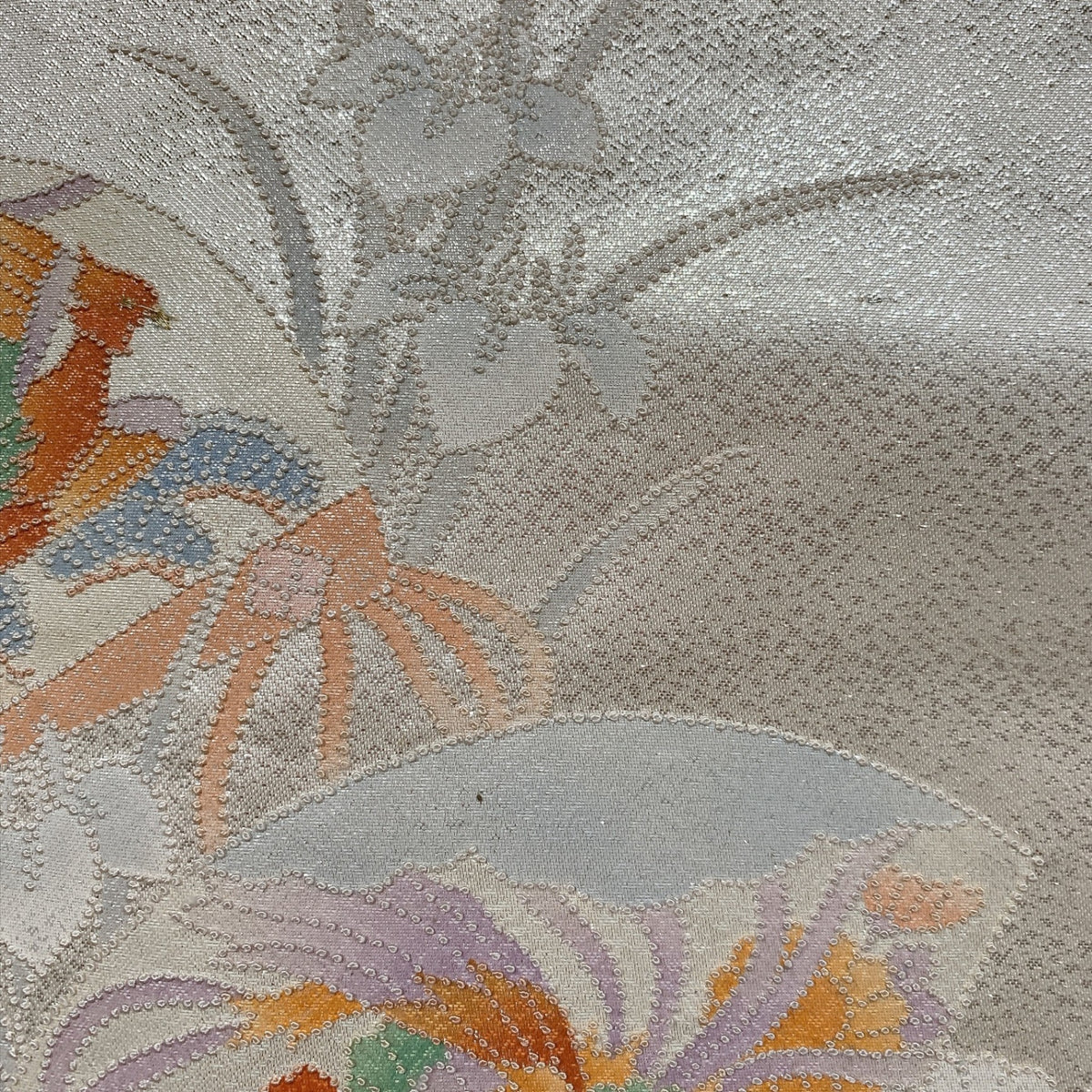 ［9388］名古屋帯 扇鳳凰花文様 銀彩 シルバー 九寸 正絹 着物