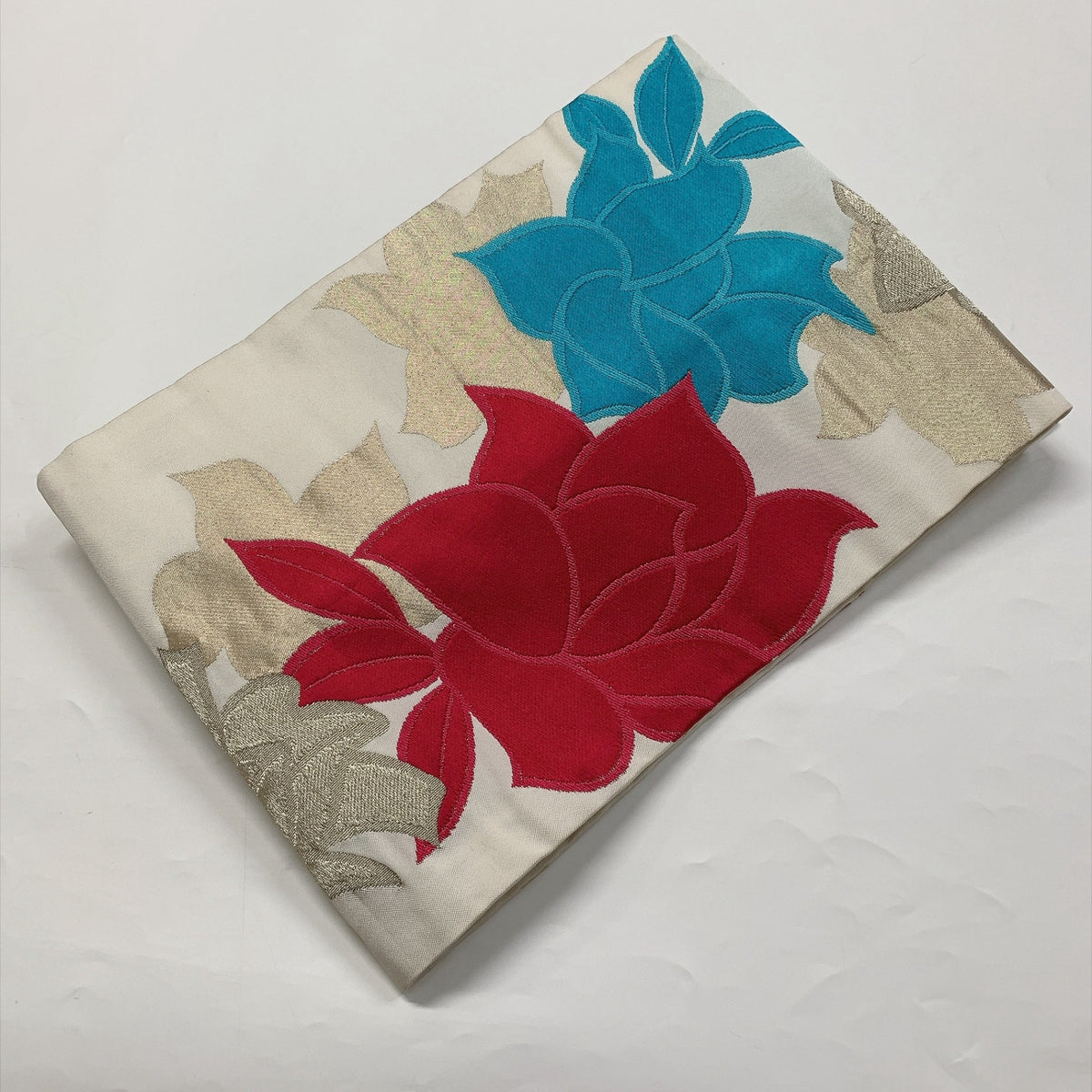 ［9397］名古屋帯 草花文様 刺繍 金彩 九寸 白 正絹 着物