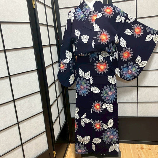 8767# Japanese Yukata Womens Vintage Fabric Cotton Robe Kimono Traditional