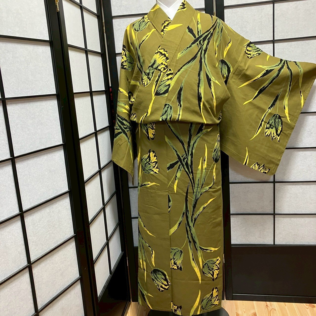 ［9424］浴衣 美品 草花文様 チューリップ ぼかし ゆかた レディース 綿 リメイク