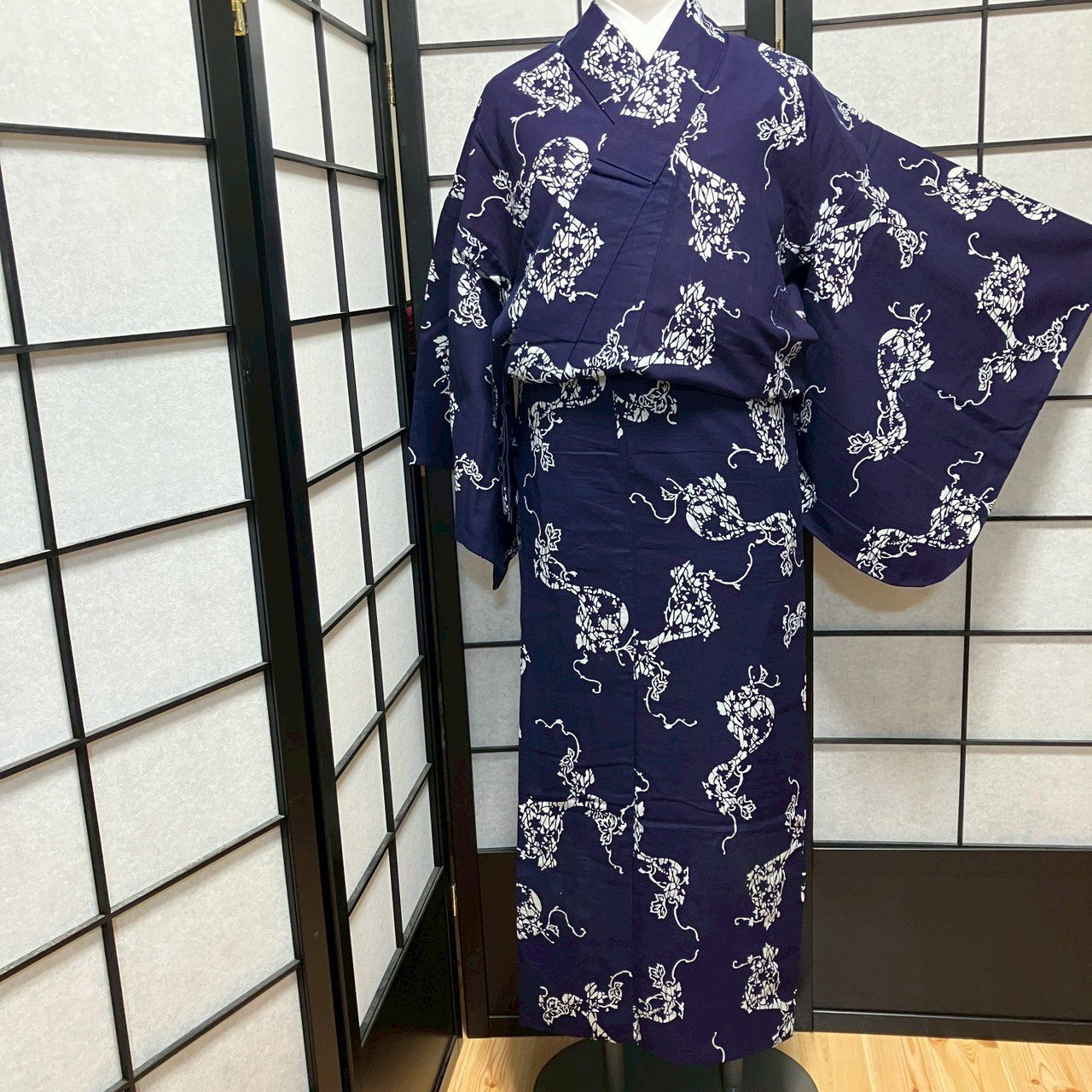 ［9482］浴衣 桐草木文様 ゆかた レディース 綿 リメイク
