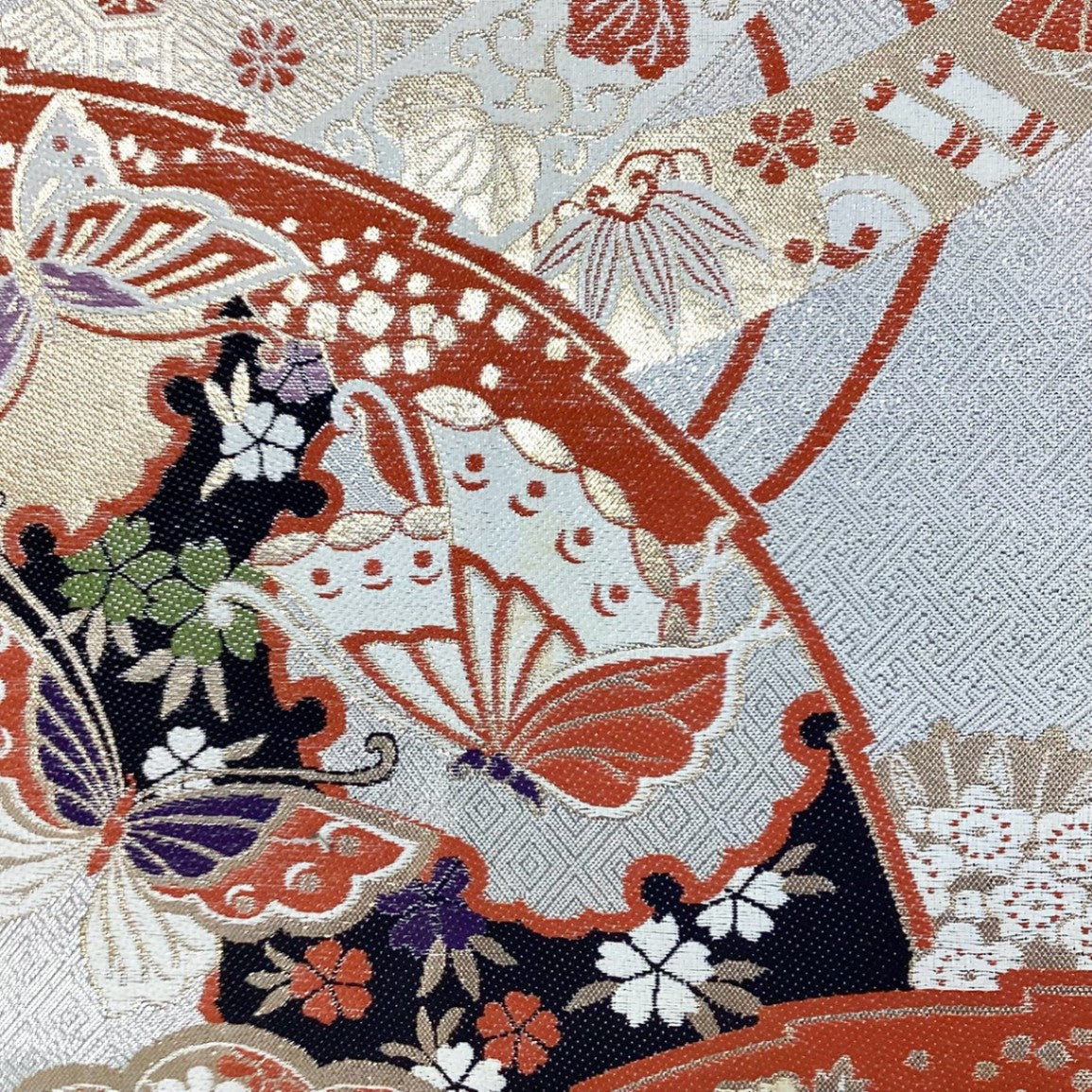 ［8900］袋帯 扇蝶草花文様 金彩 六通 正絹 着物 フォーマル