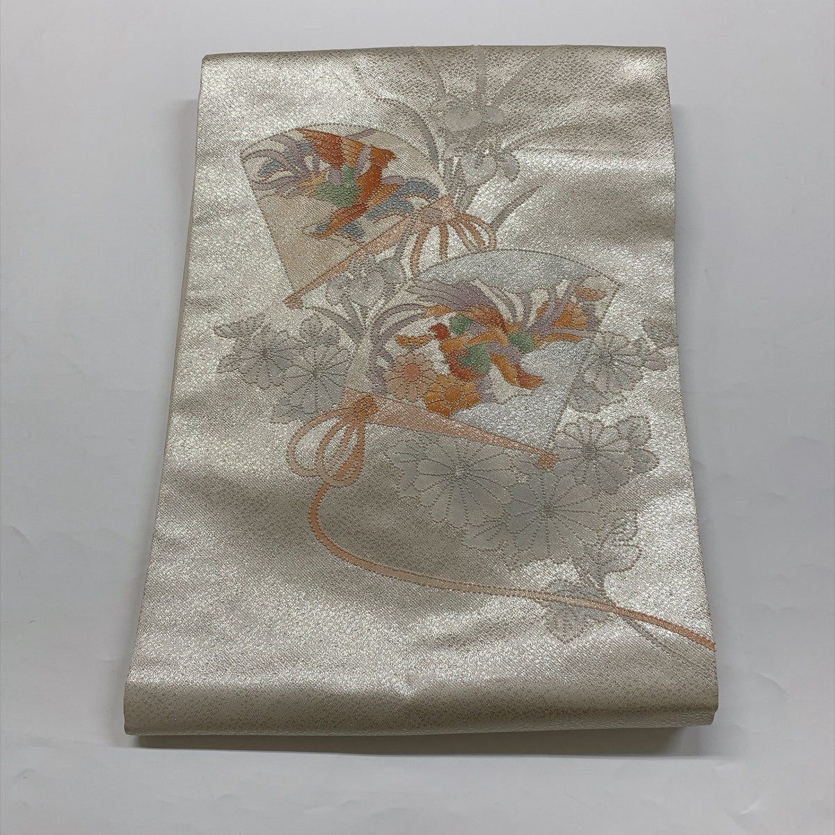 ［9388］名古屋帯 扇鳳凰花文様 銀彩 シルバー 九寸 正絹 着物