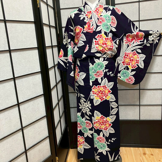 8760# Japanese Yukata Womens Vintage Fabric Cotton Robe Kimono Traditional