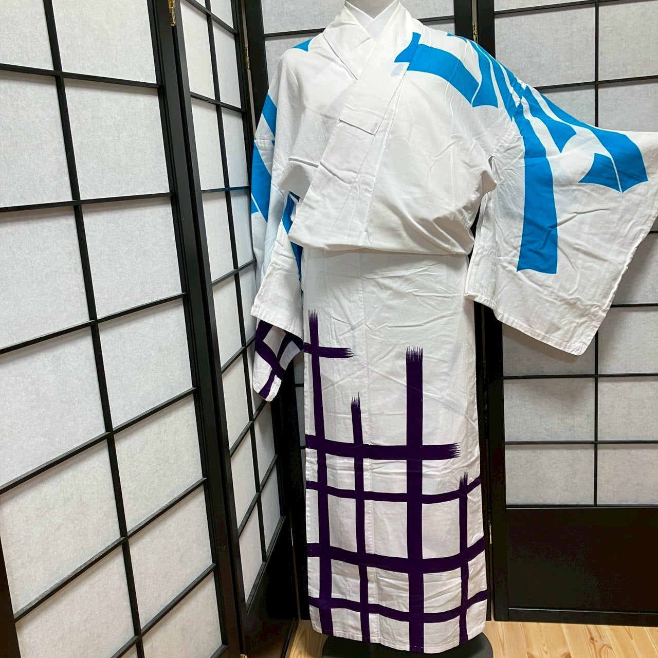 ［9436］浴衣 籬文様 白 ゆかた レディース 綿 リメイク