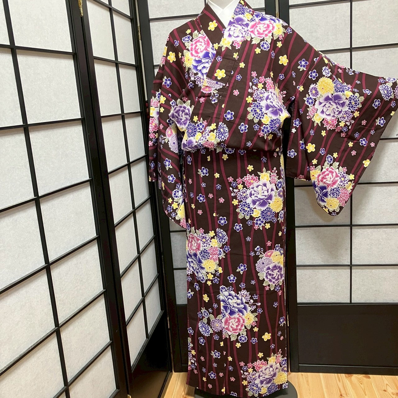 ［9137］浴衣 美品 花束立湧文様 ゆかた レディース 綿 リメイク