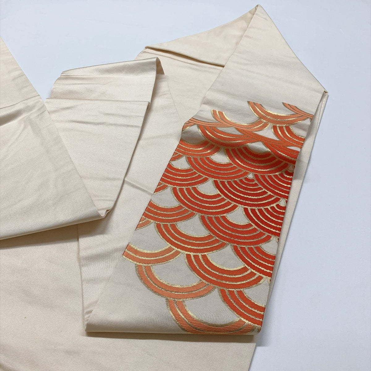 ［9418］名古屋帯 青海波文様 刺繍 金糸 九寸 正絹 着物