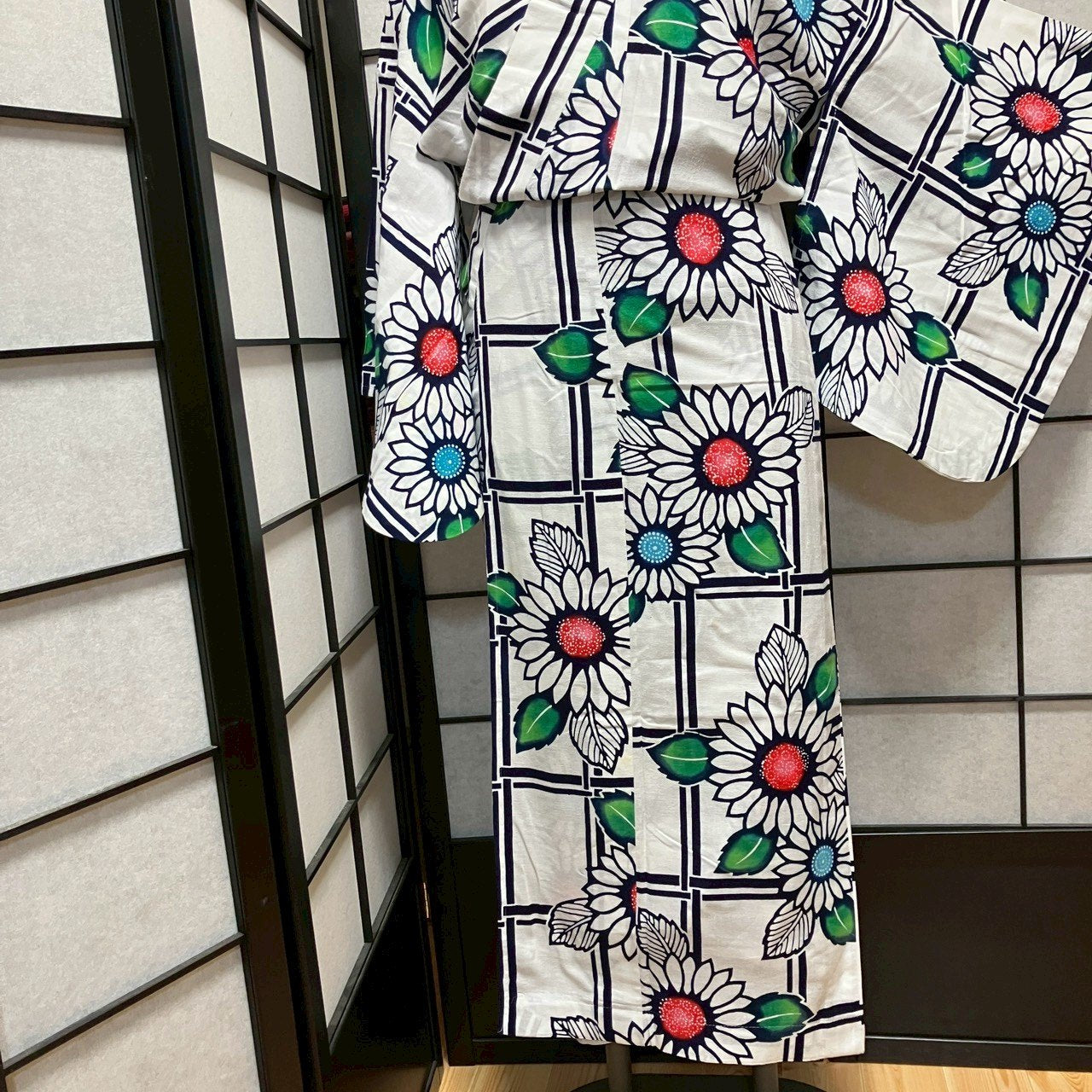 ［8791］浴衣 草花文様 格子柄 綿 ゆかた レディース リメイク