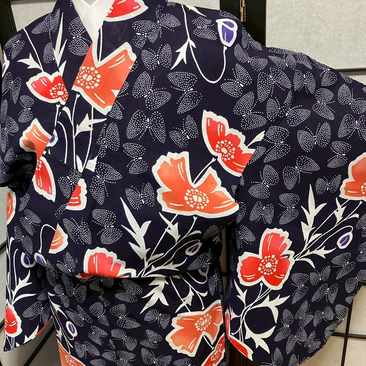 ［9464］浴衣 美品 草花舞鶴文様 ゆかた レディース リメイク 綿