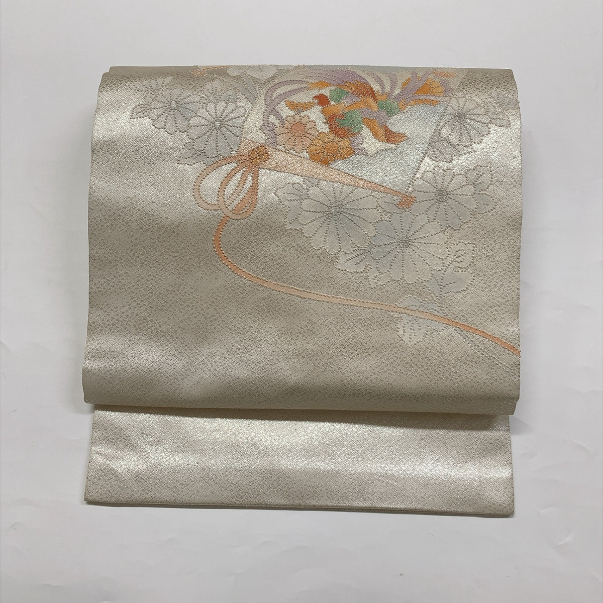 ［9388］名古屋帯 扇鳳凰花文様 銀彩 シルバー 九寸 正絹 着物