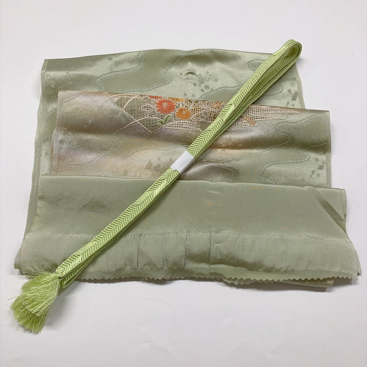 ［9812］帯締め 帯揚げ セット 扇面草花文様 ぼかし 刺繍 正絹 着物 帯絞め