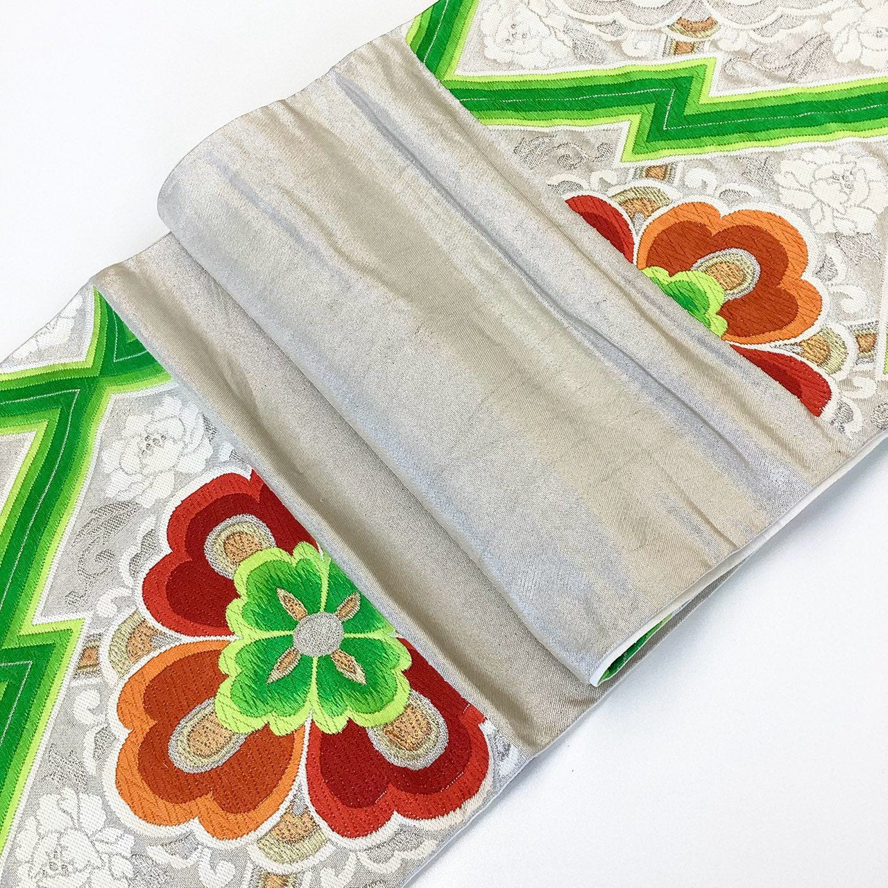 ［8902］袋帯 花菱文様 刺繍 銀彩 六通 正絹 着物 フォーマル