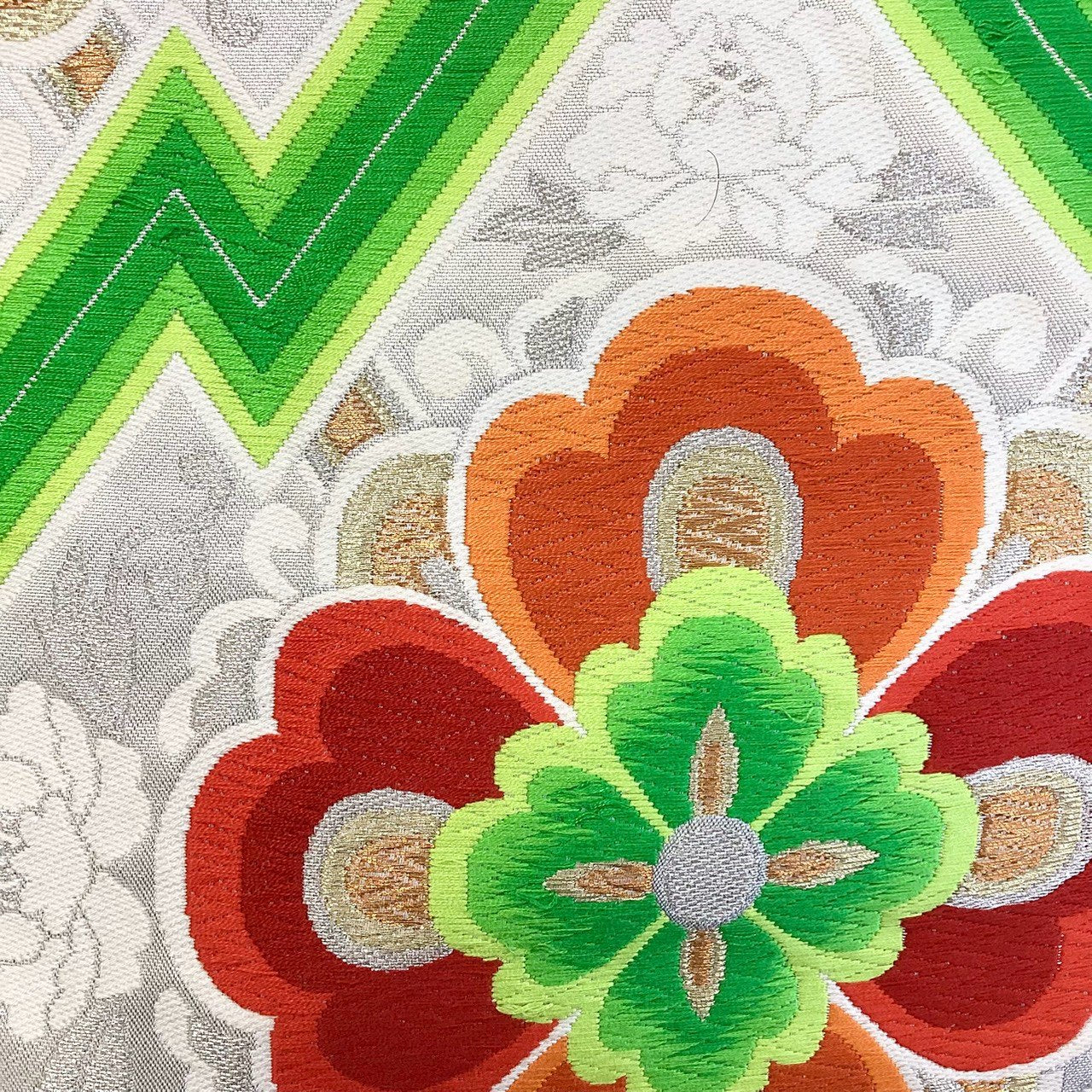 ［8902］袋帯 花菱文様 刺繍 銀彩 六通 正絹 着物 フォーマル