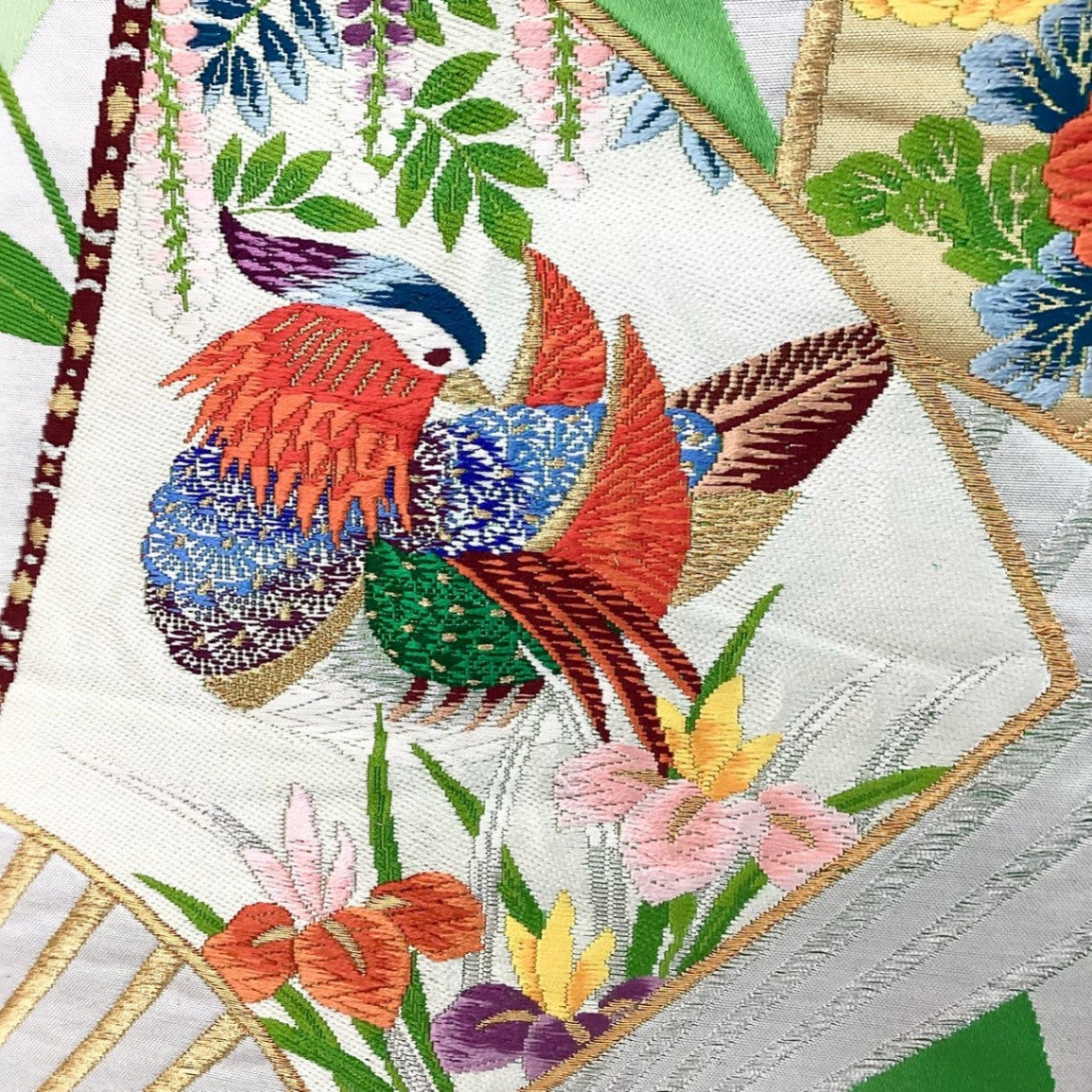 ［8821］袋帯 笹竹扇鴛鴦花文様 刺繍 六通 正絹 着物 フォーマル
