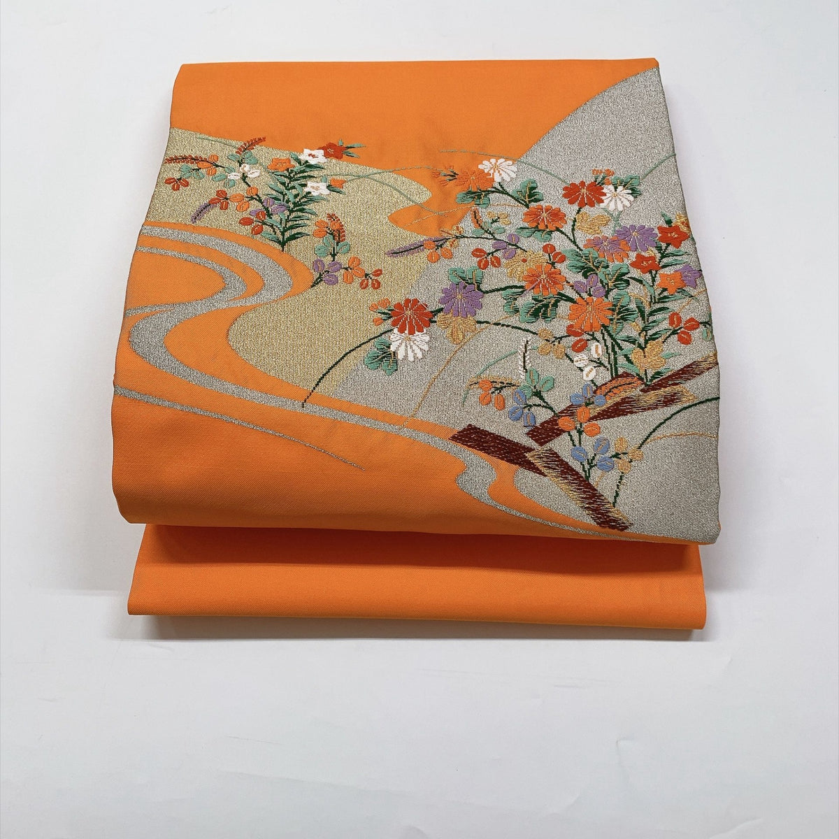 ［9346］名古屋帯 草花流水文様 金銀糸 九寸 お太鼓柄 正絹 着物