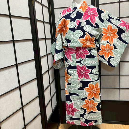 9462# Japanese Yukata Womens Vintage Fabric Cotton Robe Kimono Traditional