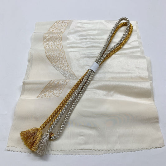 ［9773］帯締め 帯揚げ セット 草花道長文様 金銀糸 白 正絹 着物 帯絞め