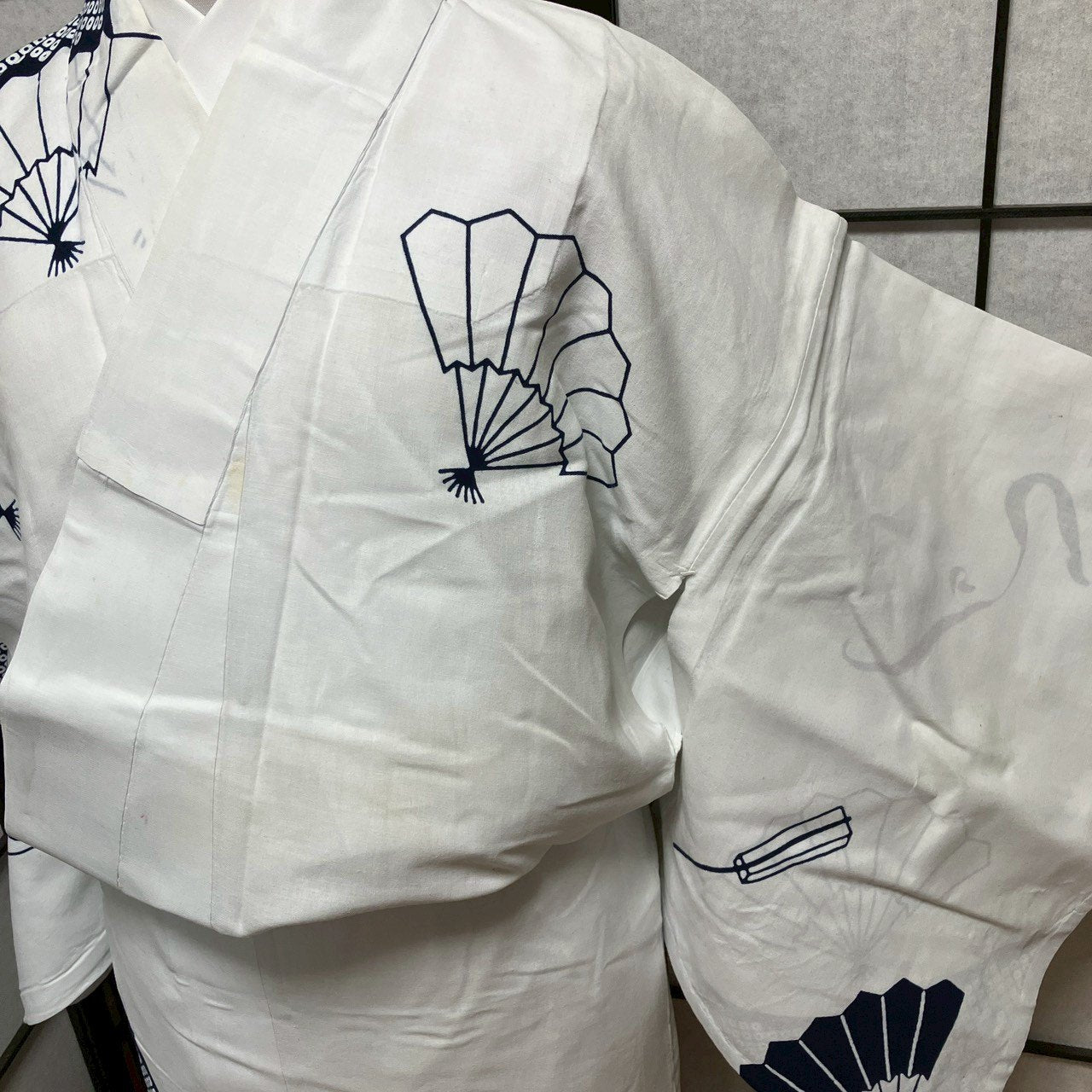 ［8789］浴衣 扇吉祥文様 鹿の子柄 綿 ゆかた レディース リメイク