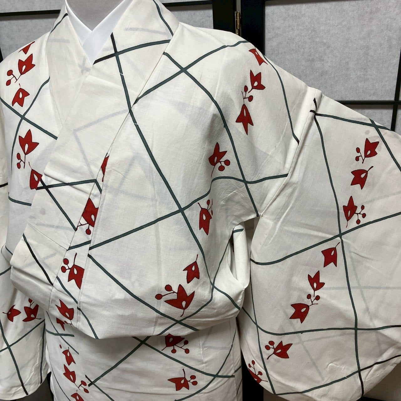 ［9473］浴衣 草花文様 ゆかた 白 レディース 綿 リメイク