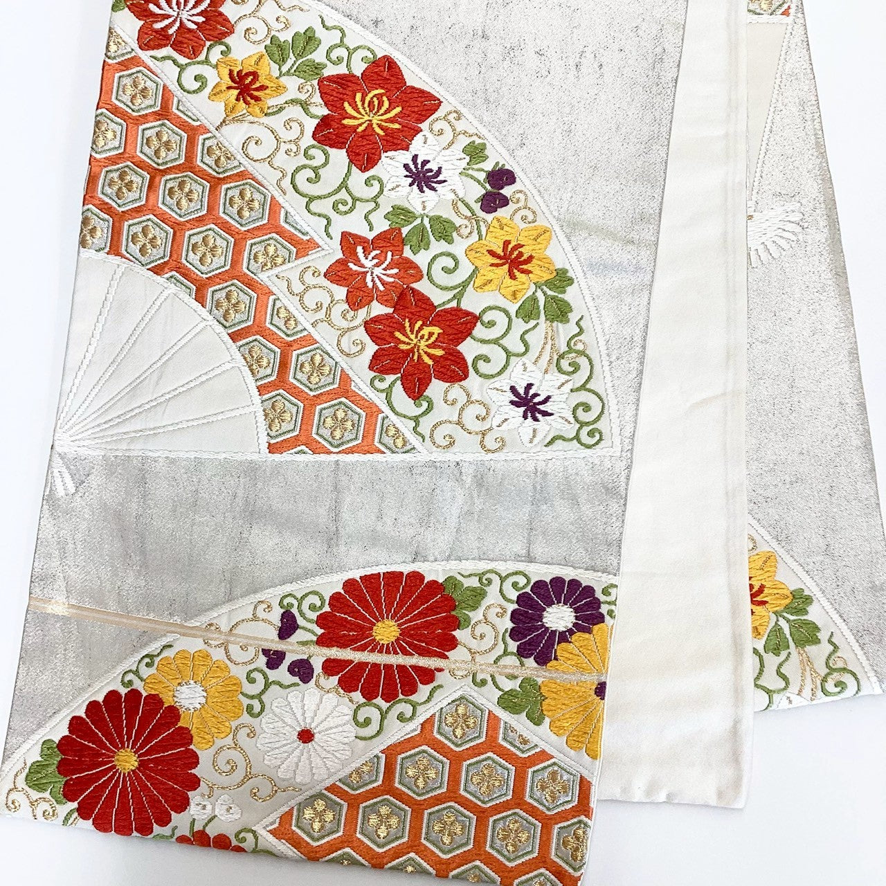 ［8848］袋帯 扇草花亀甲文様 刺繍 六通 正絹 着物 フォーマル