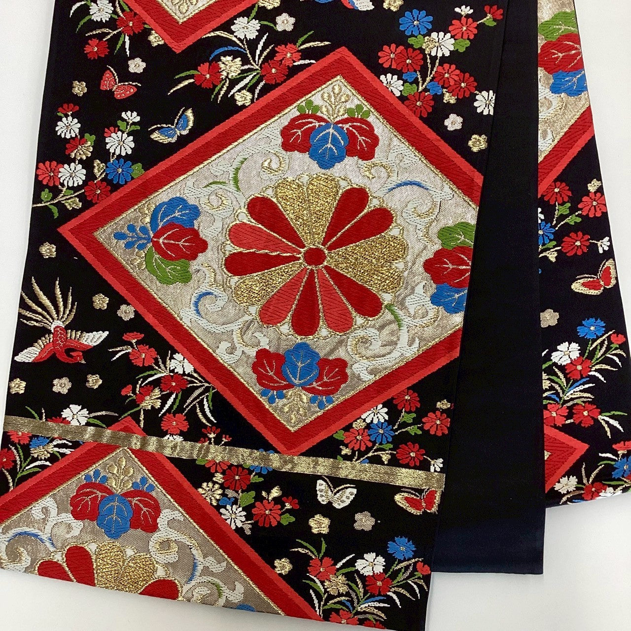 ［8823］袋帯 花菱鳳凰文様 金糸 六通 黒地 正絹 着物 フォーマル