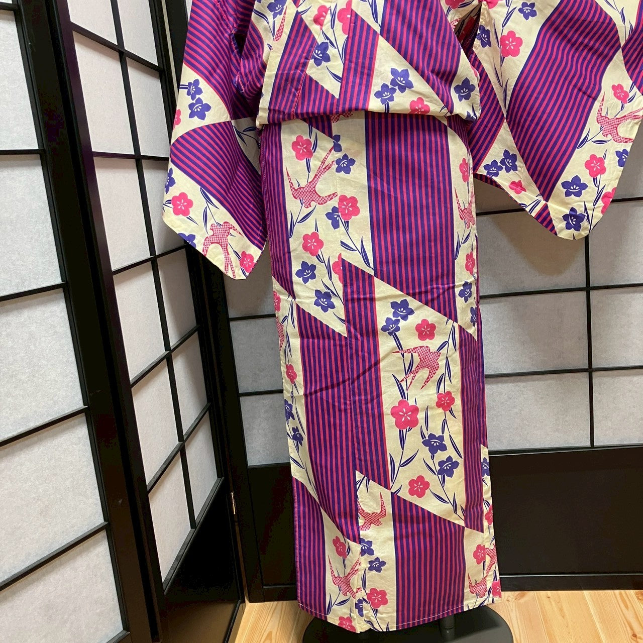 ［9082］浴衣 美品 縞帳花燕文様 綿 ゆかた レディース リメイク