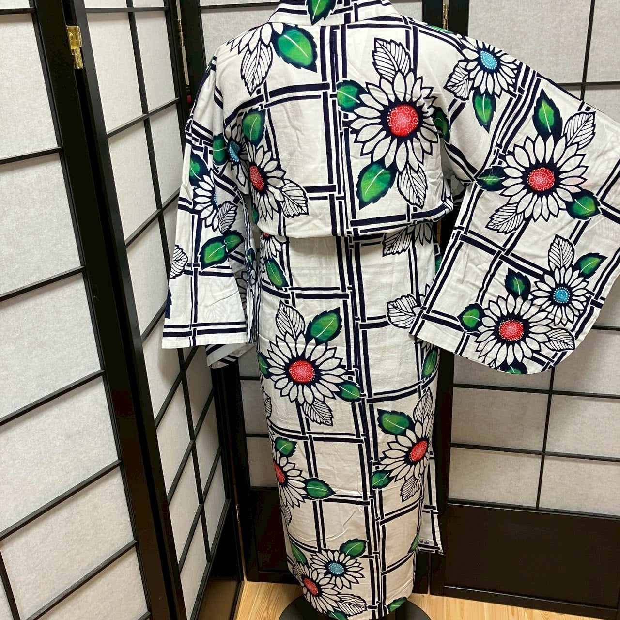 ［8791］浴衣 草花文様 格子柄 綿 ゆかた レディース リメイク