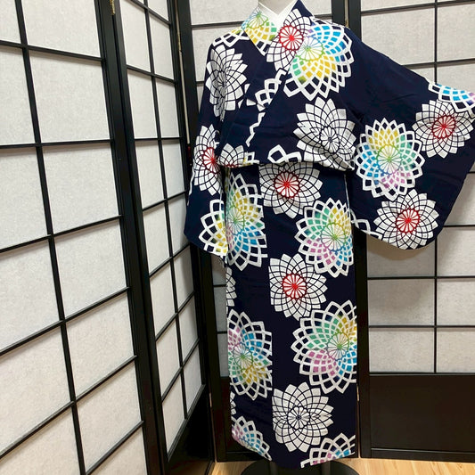 9461# Japanese Yukata Womens Vintage Fabric Cotton Robe Kimono Traditional