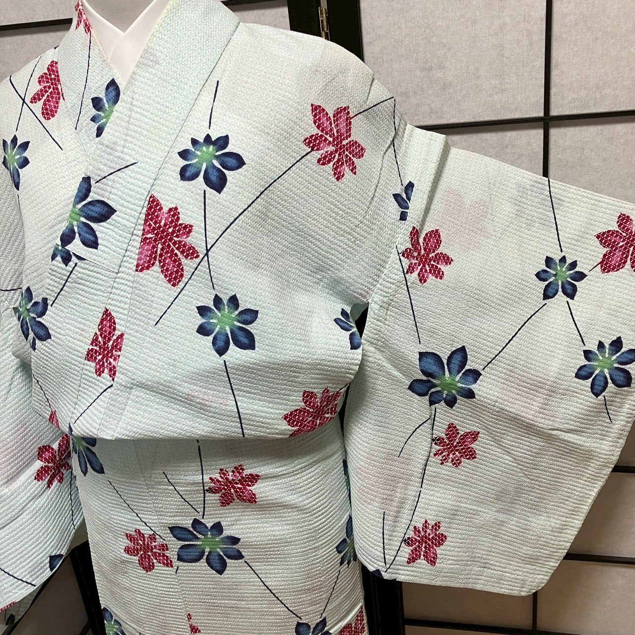 ［9485］浴衣 枝花文様 絞り調 ゆかた レディース リメイク 綿
