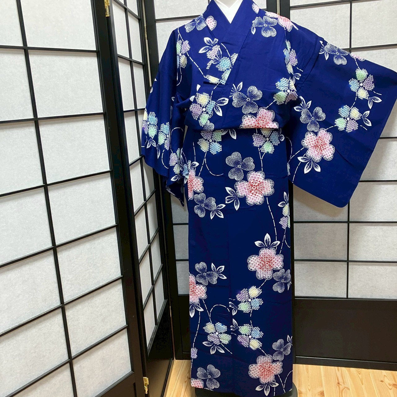 ［8788］浴衣 美品 草花吉祥文様 青海波 ぼかし 綿 ゆかた レディース リメイク