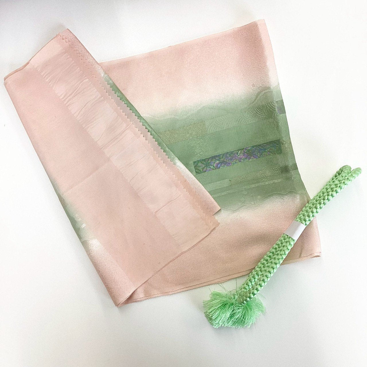 ［8296］帯締め 帯揚げ セット 縞草花吉祥文様 金糸 正絹 着物 帯絞め
